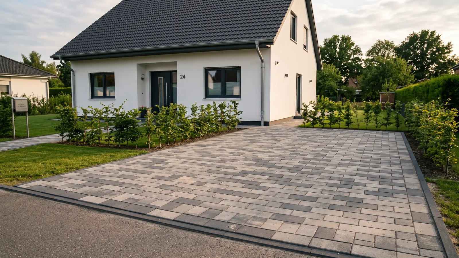 Fertig gepflasterte Hofeinfahrt eines Einfamilienhauses in Brandenburg