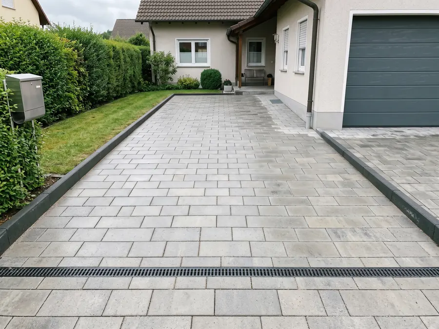 Einfahrt nach den Pflasterarbeiten: Neue Pflasterdecke mit Randsteinen und Entwässerungsrinne
