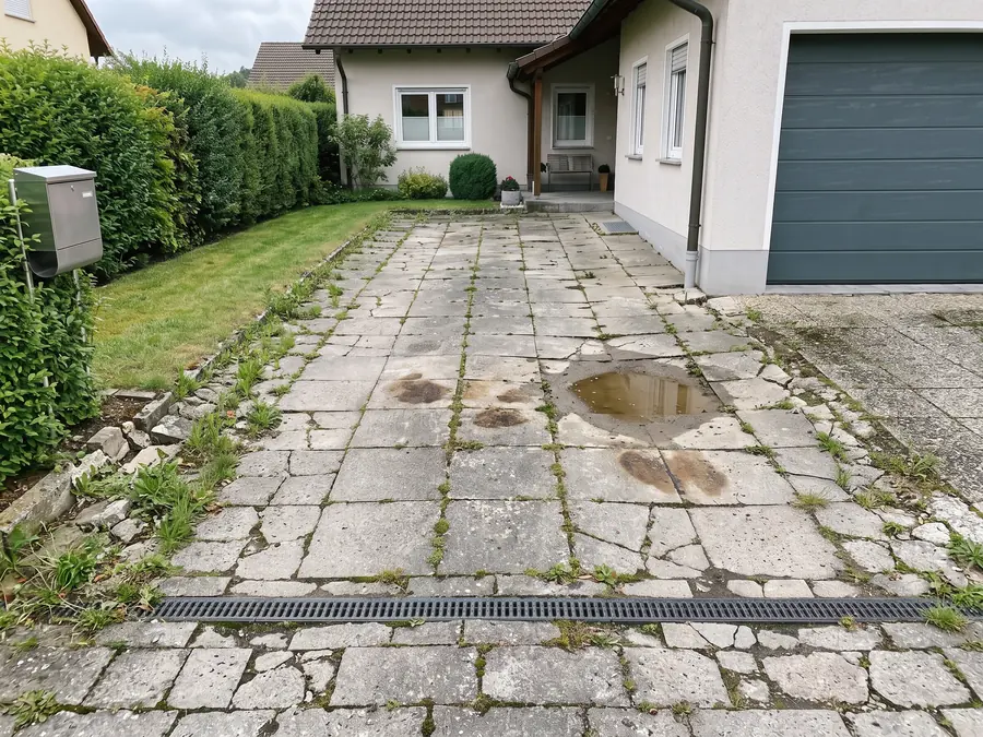 Einfahrt vor den Pflasterarbeiten: Rissige Betonplatten mit Unkraut