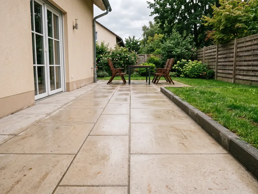 Terrasse nach den Pflasterarbeiten: Großformatplatten, eben verlegt und mit sauberer Kante