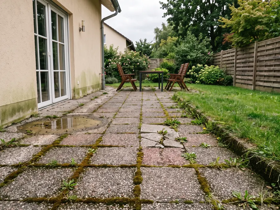 Terrasse vor den Pflasterarbeiten: Vermooste, abgesackte Platten