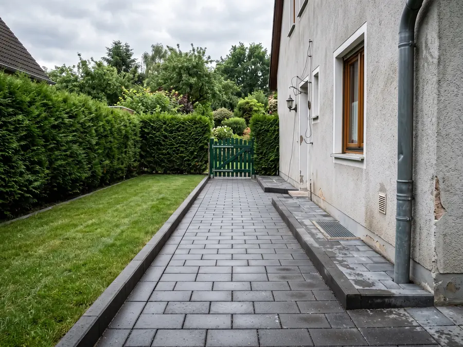 Hofzufahrt nach den Pflasterarbeiten: Befestigter Weg im Reihenverband mit fester Randeinfassung